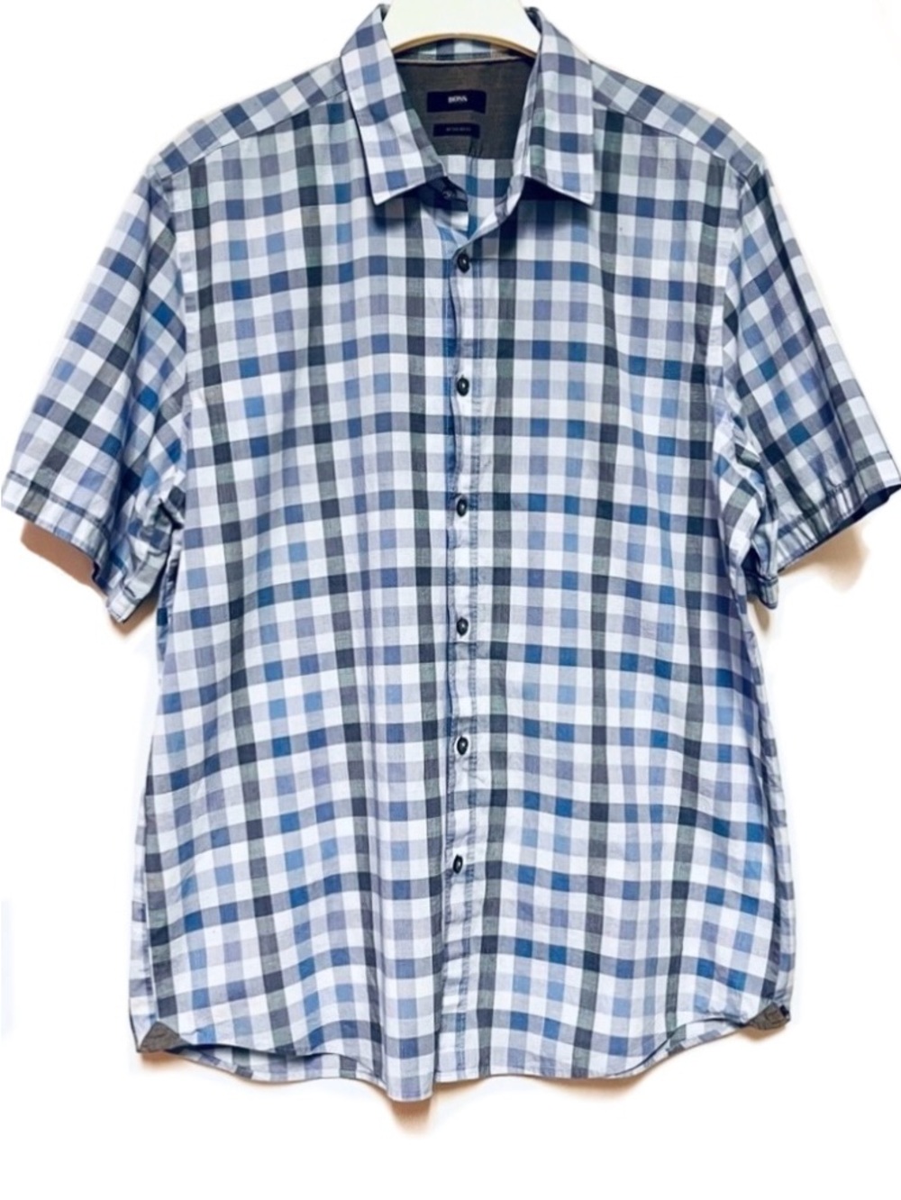 Hugo Boss Luka Button Down Short Sleeve Casual Shirt Regular Fit Blue Check XXL